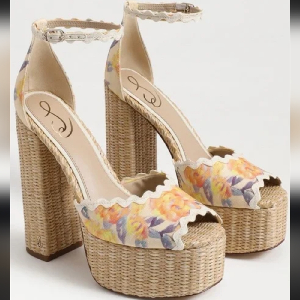 Sam Edelman Kori Floral Platform Chunky Heels - Cream Wicker Basket Boho Size 11